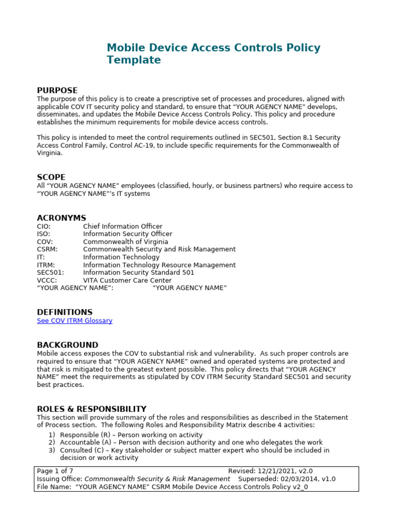 Mobile Device Access Policy Guide | PDF | Information Security ...