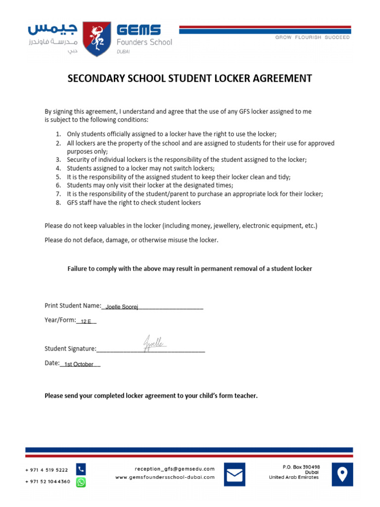 Secondary School Locker Agreement | PDF