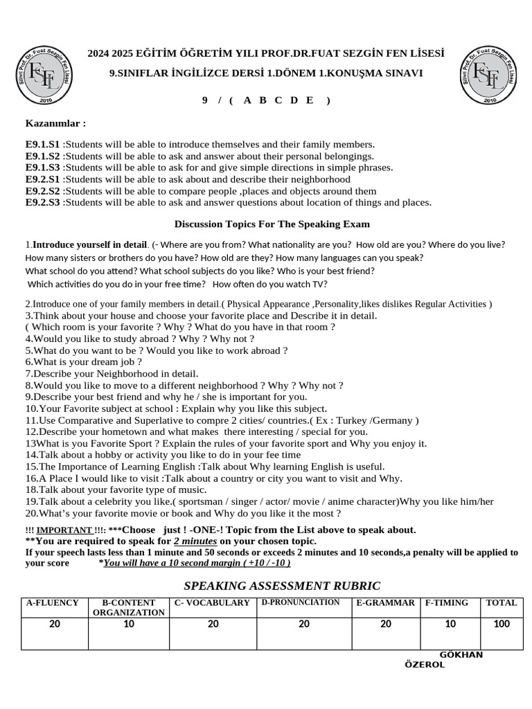 9th Grade English Speaking Exam Guide | PDF | Linguistics | Human ...