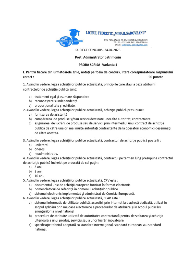 Subiect Si Barem Proba Scrisa | PDF