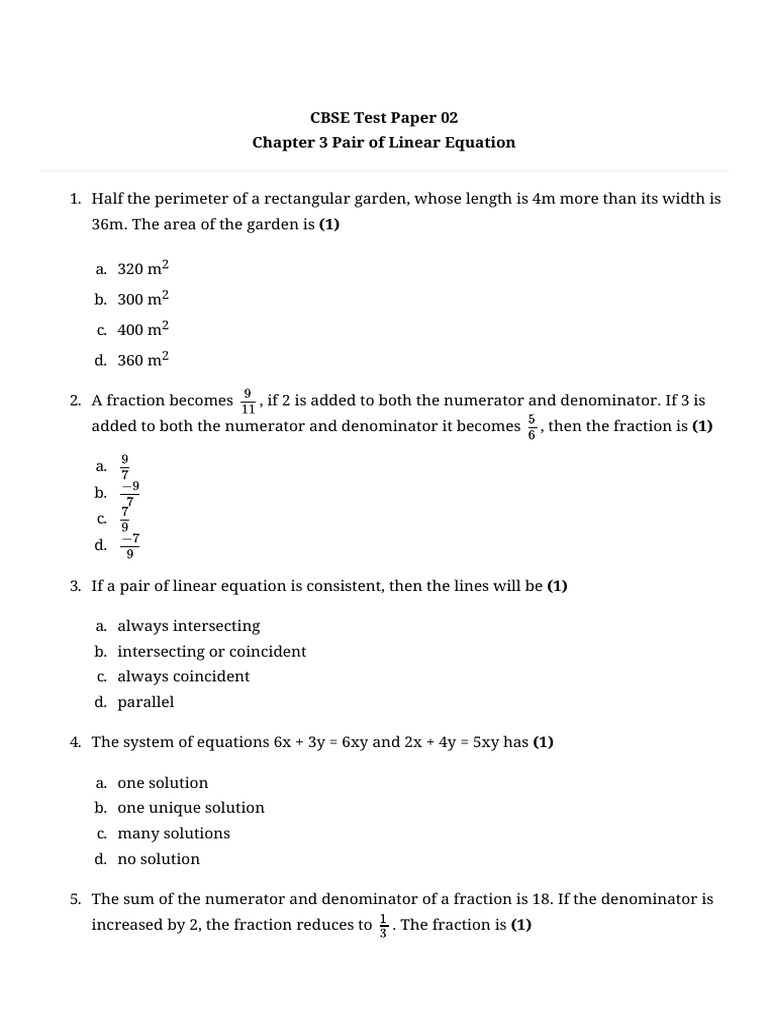 Chapter 03 Pair of Linear Equations in Two Vairable Test 02 | PDF ...
