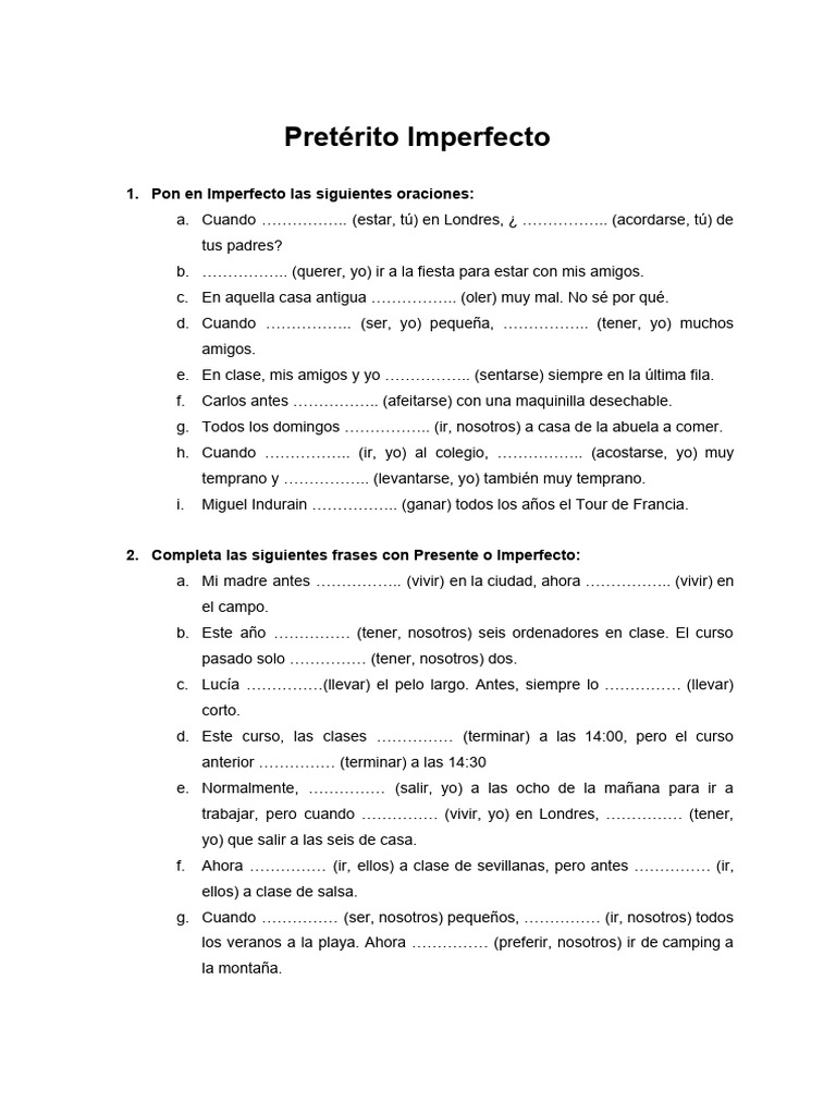 Ejercicios de Pretérito Imperfecto | PDF