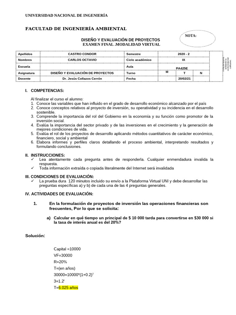 UNI - Examen Final - Diseño y Eval. de Proyectos 2020-2 | PDF ...