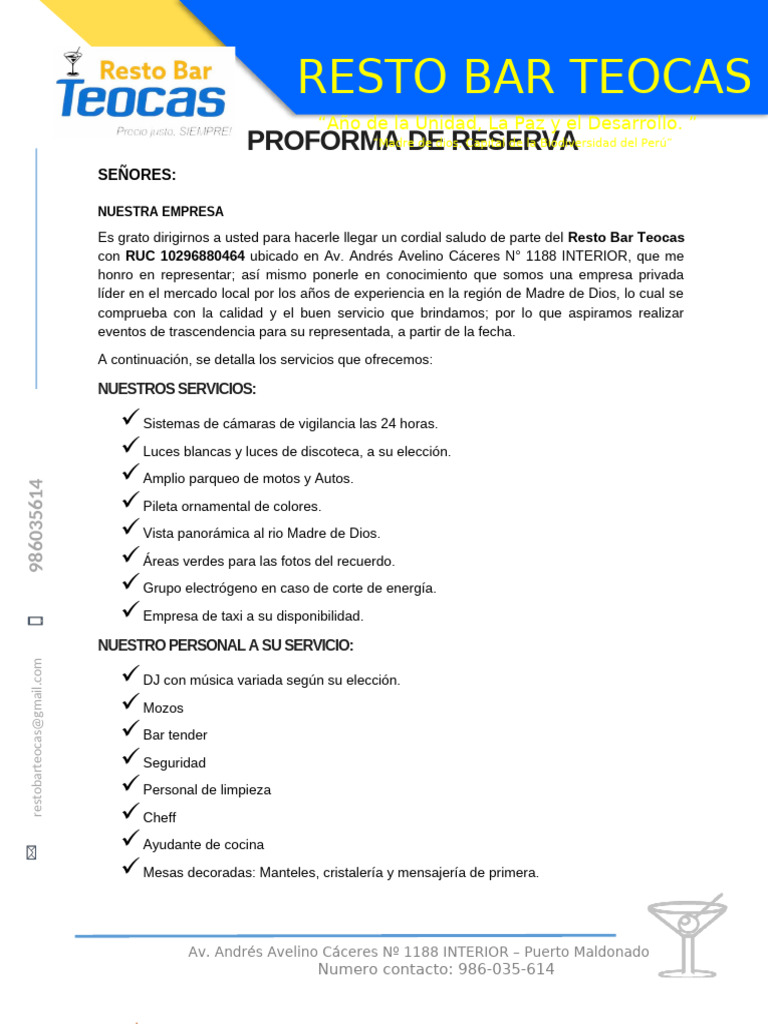 Proforma de Reserva Resto Bar Teocas | PDF | Preparación de comida y ...