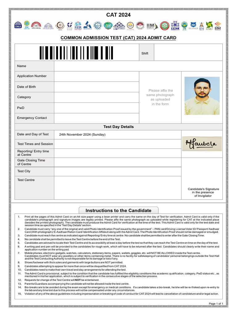 Admit Card CAT 2024 | PDF | Identity Document | Government And Personhood