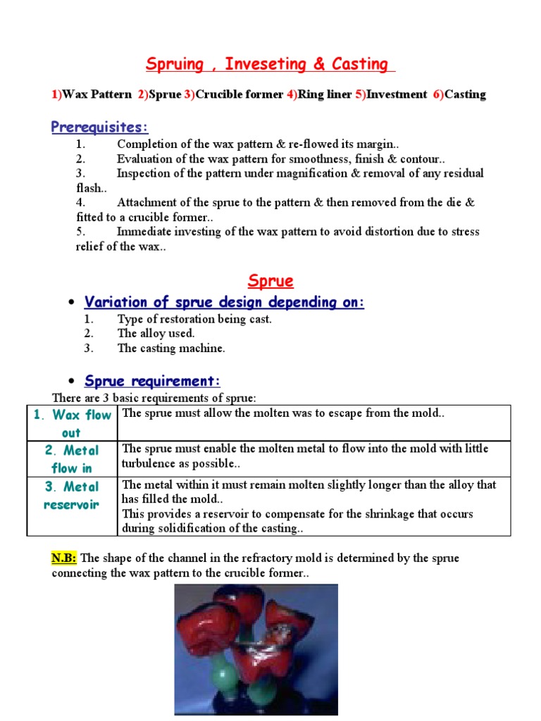 Spruing, Inveseting & Casting: Prerequisites | PDF | Casting ...
