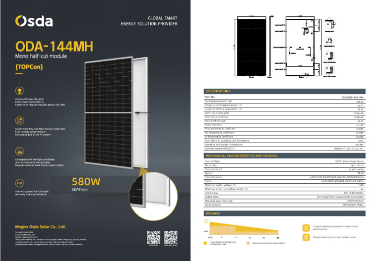 Especificação Técnica - Painel Solar Fotovoltaico 580W - OSDA ODA580 ...