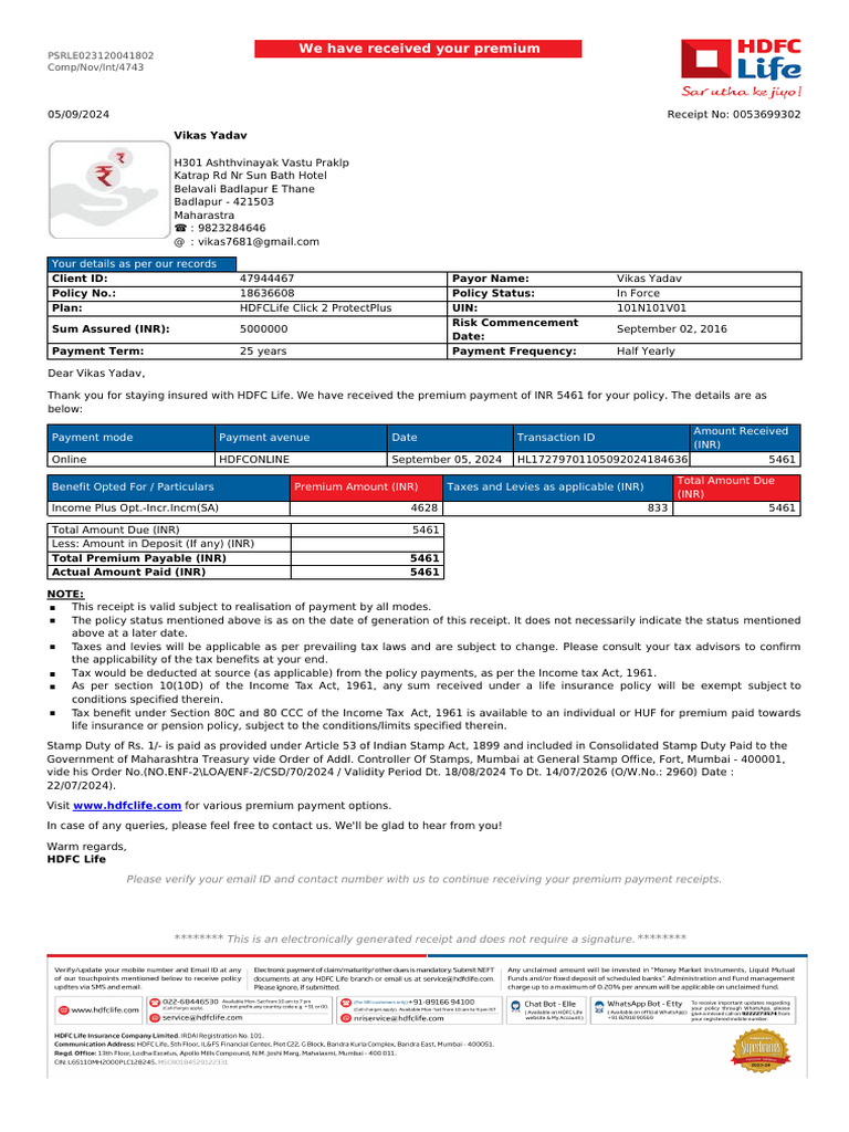 Premium Receipts (1) | PDF | Life Insurance | Insurance