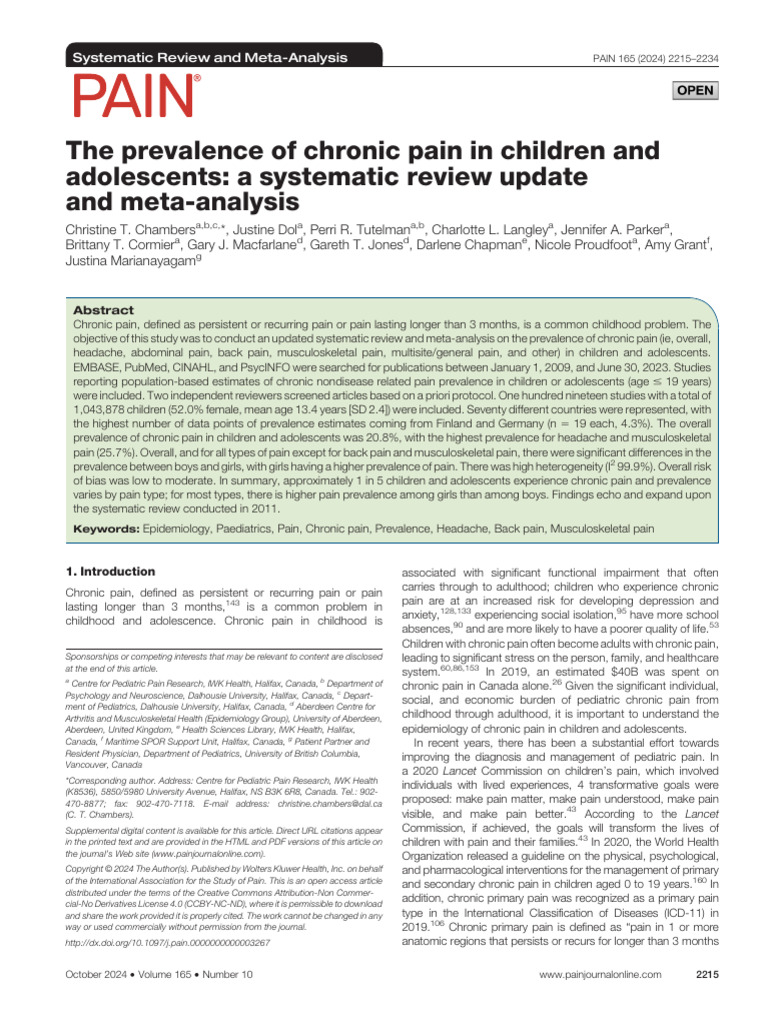 The Prevalence of Chronic Pain in Children And.9 | PDF | Chronic ...