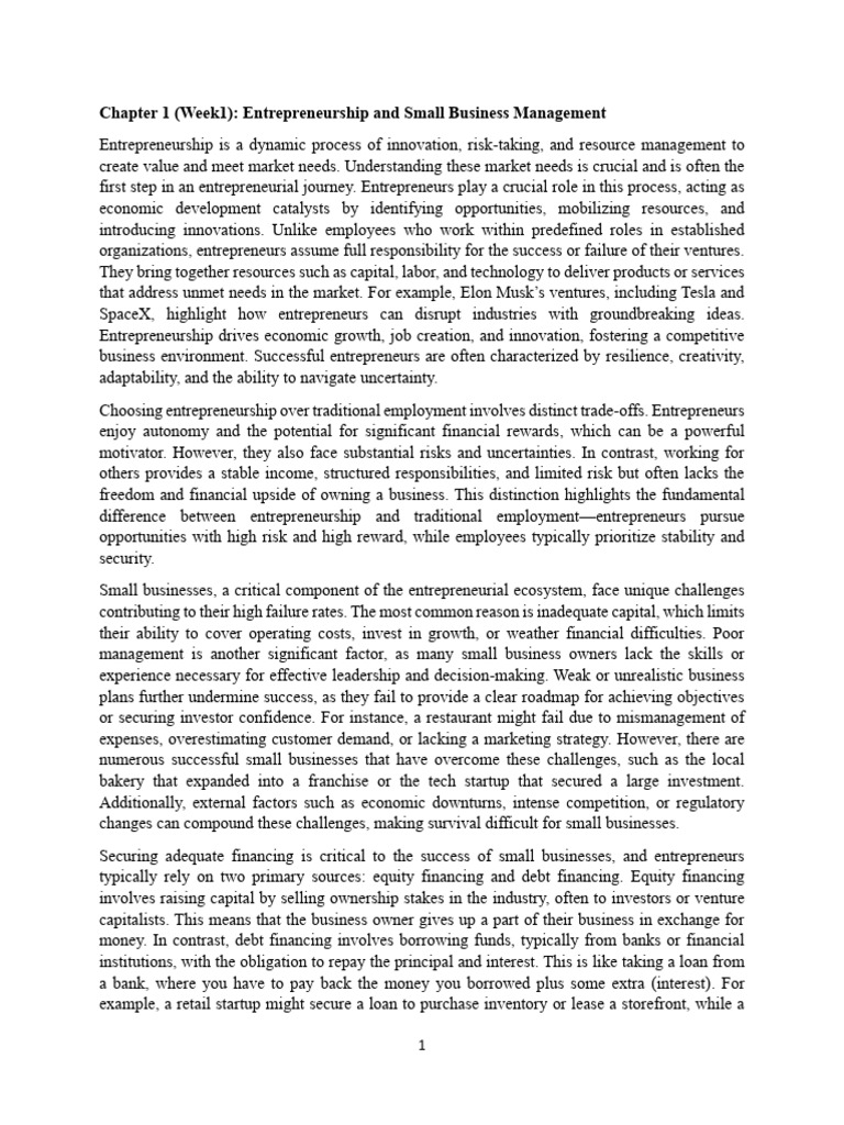 Chapter 1 (Week1) Entrepreneurship and Small Business Management | PDF ...