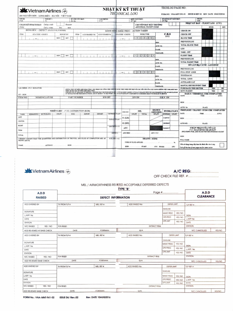 Vietnam Airlines Technical Log Form | PDF