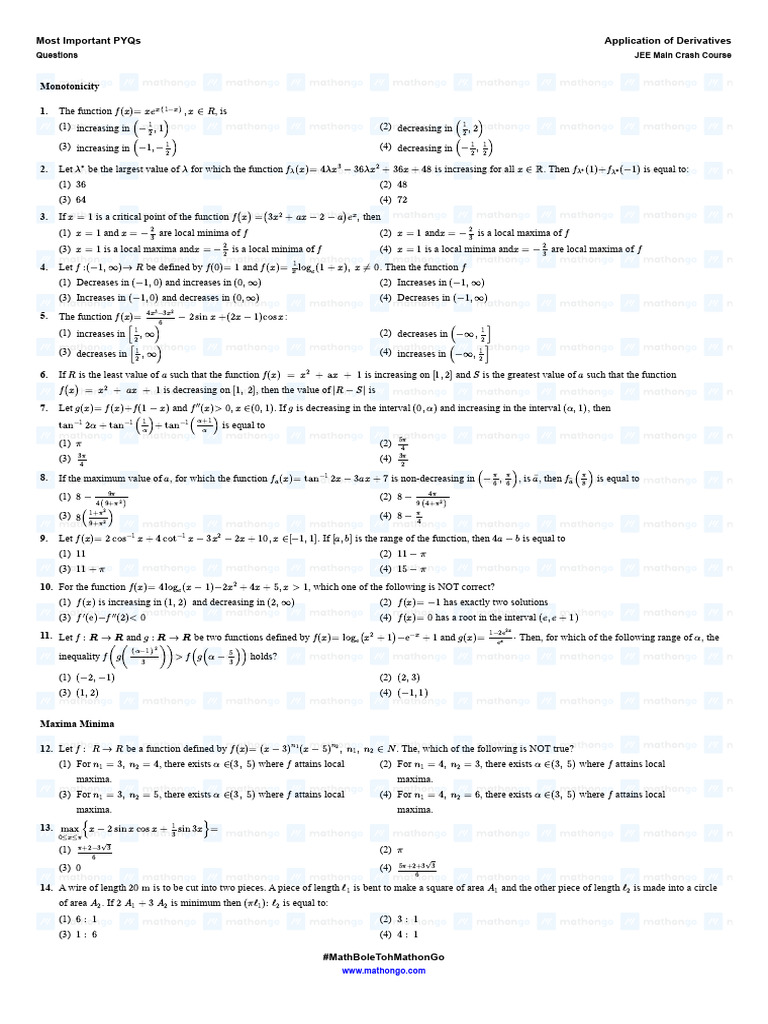 Application of Derivatives PYQs | PDF | Zero Of A Function | Equations