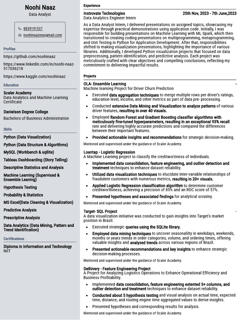 Resume by Noohi (July) (1) | PDF | Machine Learning | Data Analysis