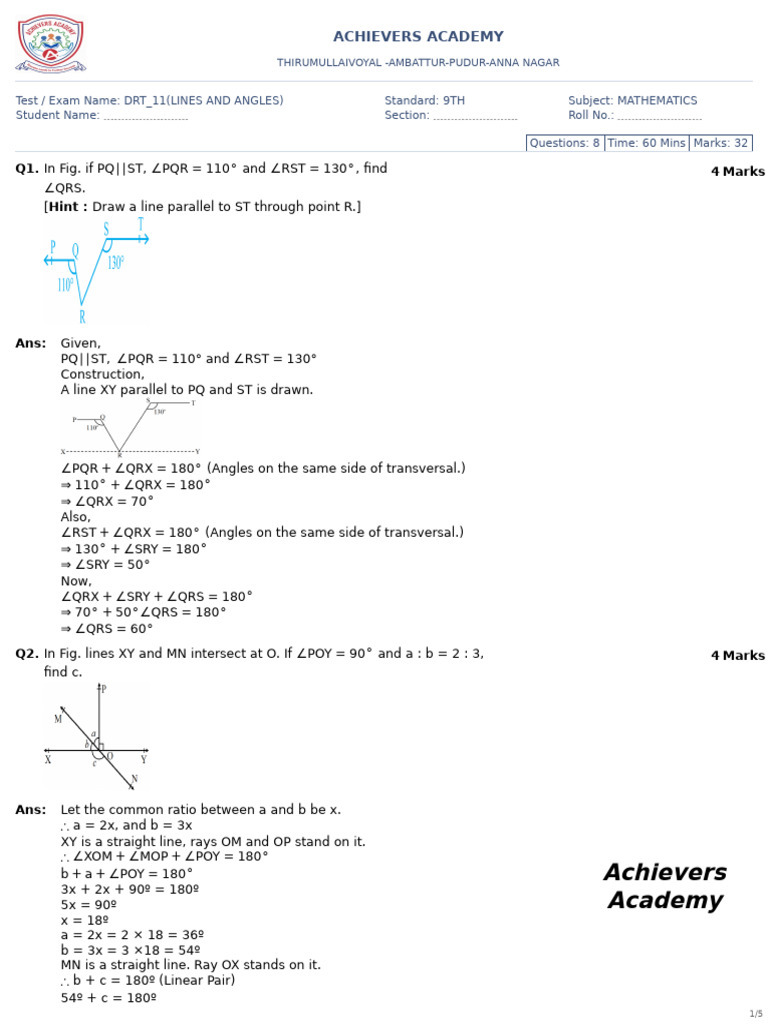 9th Grade Math Exam: Lines & Angles | PDF | Triangle | Angle
