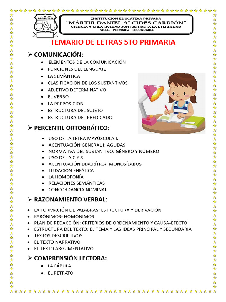 TEMARIO DE LETRAS Y CIENCIAS PARA EL EXAMEN ANUAL (5to PRIMARIA) | PDF ...