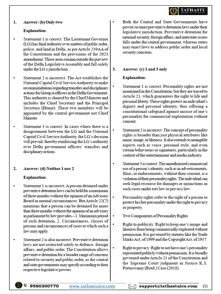 ALL INDIA MOCK TEST 2024 (Solution) | PDF | Personality Rights
