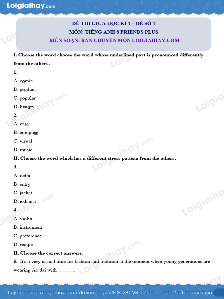 De Thi Giua Ki 1 Tieng Anh 8 Friends Plus de So 1 1696497796 | PDF ...