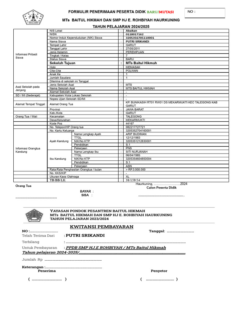 PPDB Mts - SMP Bahik Tahun 2024-2025 Putri Srikandi | PDF