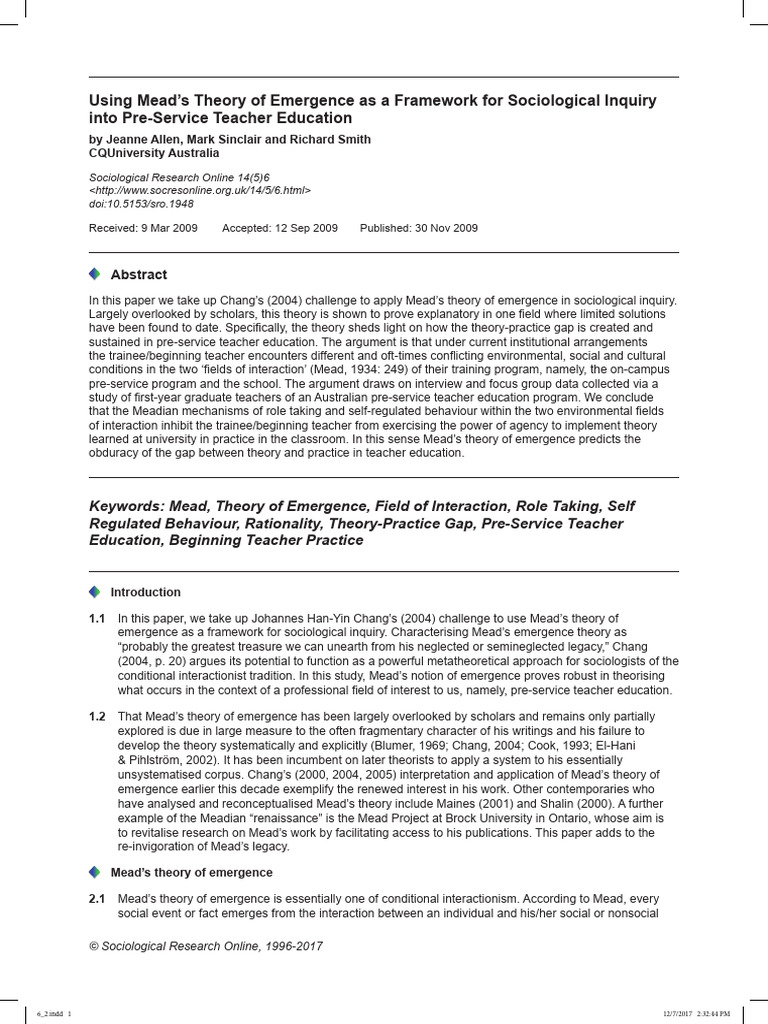 Using Mead's Theory of Emergence As A Framework For Sociological ...