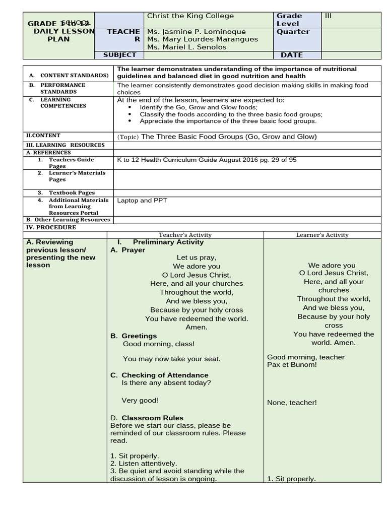 Go, Grow, Glow Foods Lesson Plan | PDF | Foods | Nutrition