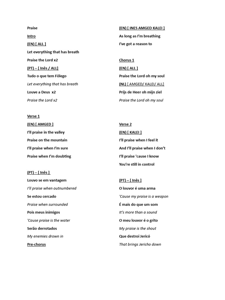 Praise the Lord: Multilingual Lyrics | PDF | Religious Belief And Doctrine