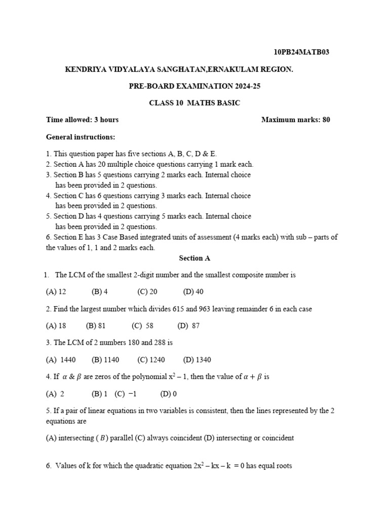 Class 10 Maths Pre-Board Exam Paper | PDF | Circle | Polynomial