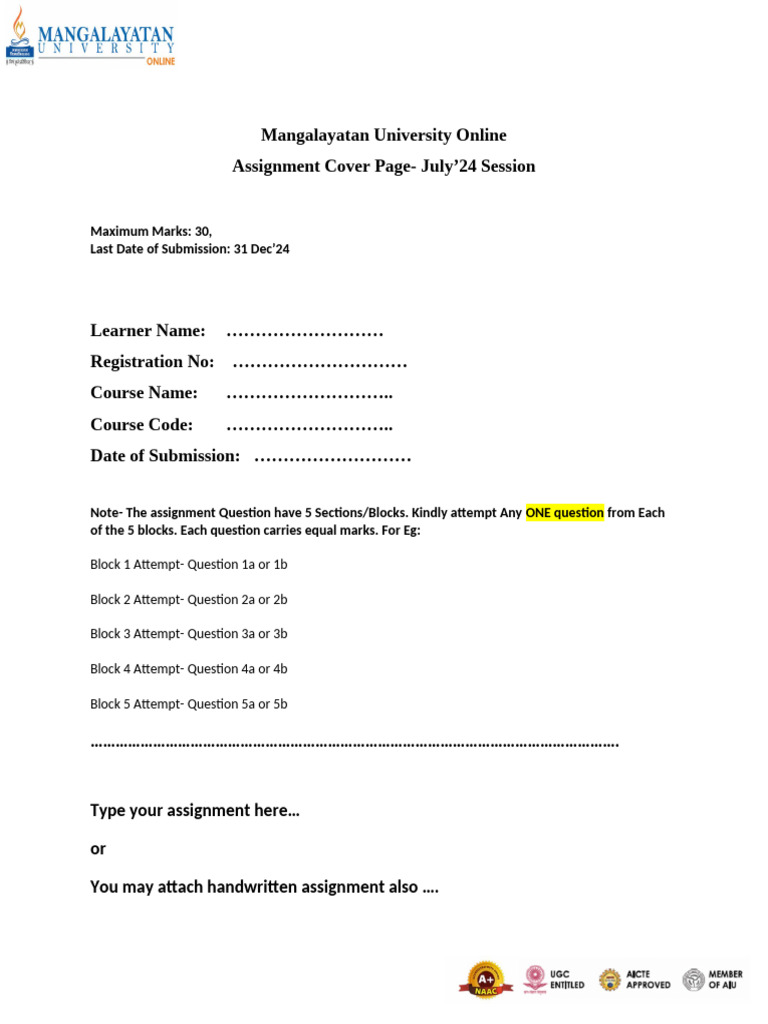 Mangalayatan University Assignment Cover Page | PDF