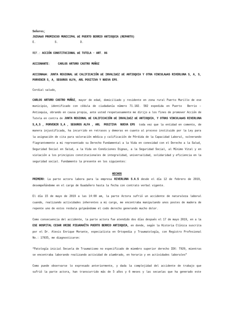 Accion de Tutela Carlos Castro VS Junta Regional de Antioquia | PDF ...