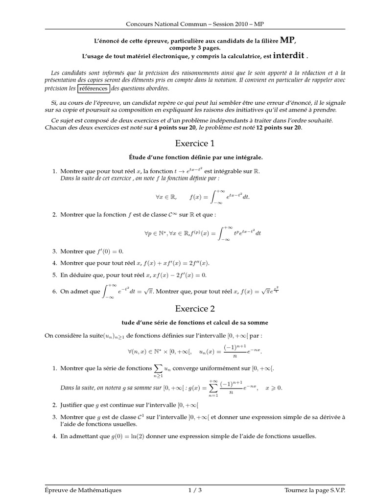 Concours Maths 2010 : Épreuves MP | PDF | Matrice (Mathématiques ...
