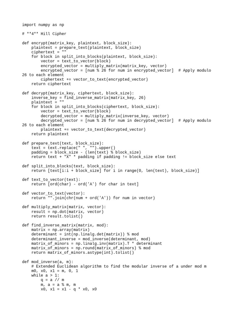 Python Hill Cipher Implementation | PDF