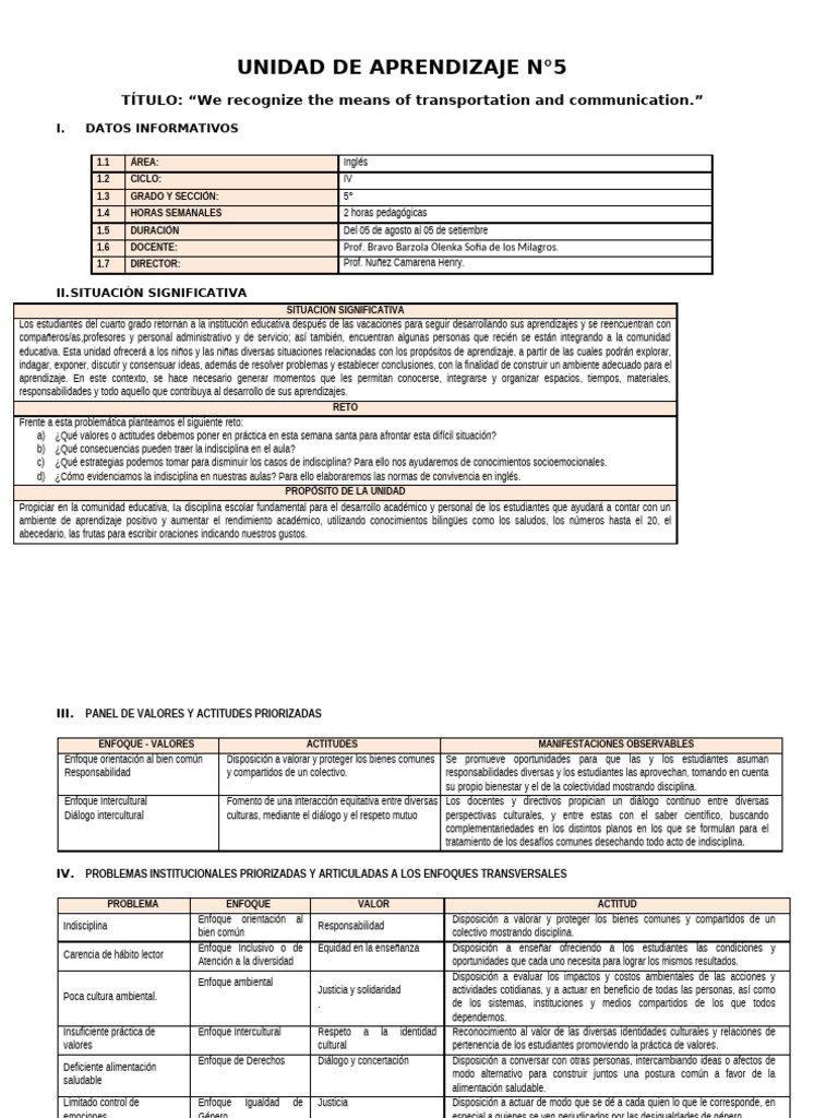 unidad V 5° grado | PDF | Evaluación | Aprendizaje