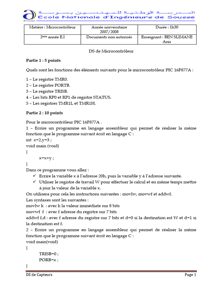DS Microcontrôleur PIC 16F877A | PDF | C (Langage de programmation ...