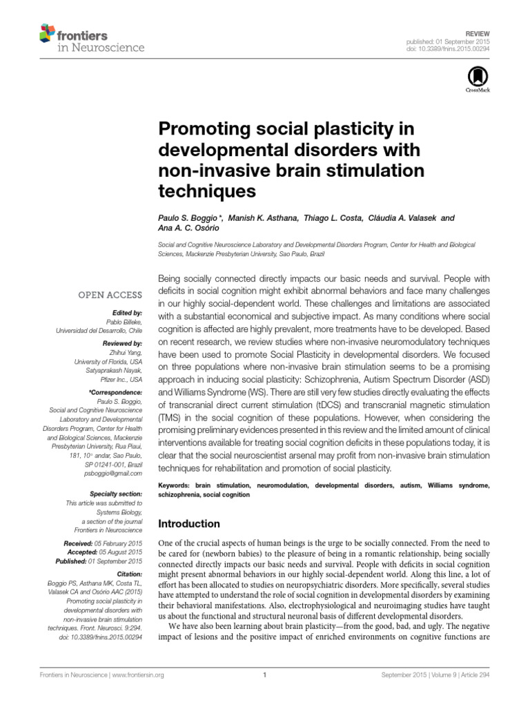 Promoting Social Plasticity in Developmental Disorders With Non ...