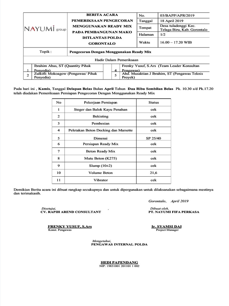 Pemeriksaan Pengecoran Ready Mix Polda Gorontalo | PDF