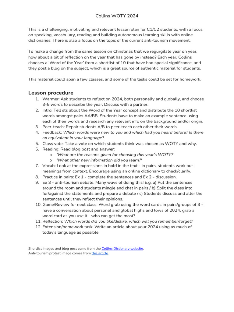 CollinsWordoftheYear2024Teachersnotes PDF Vocabulary