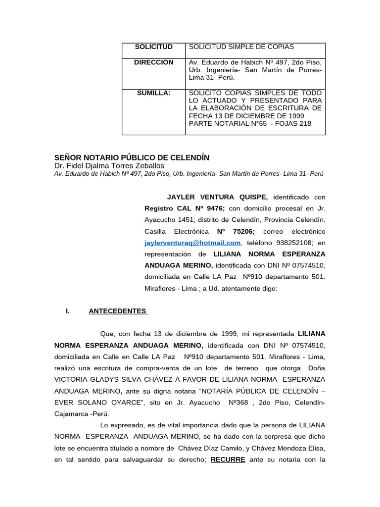 Escrito de Copias Via Notarial | PDF | Derecho Civil (Common Law ...