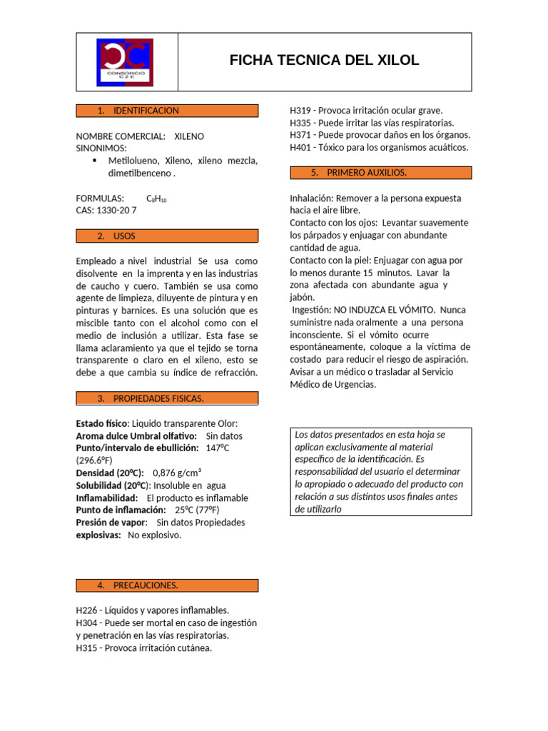 Ficha Técnica del Xileno: Usos y Precauciones | PDF | Química