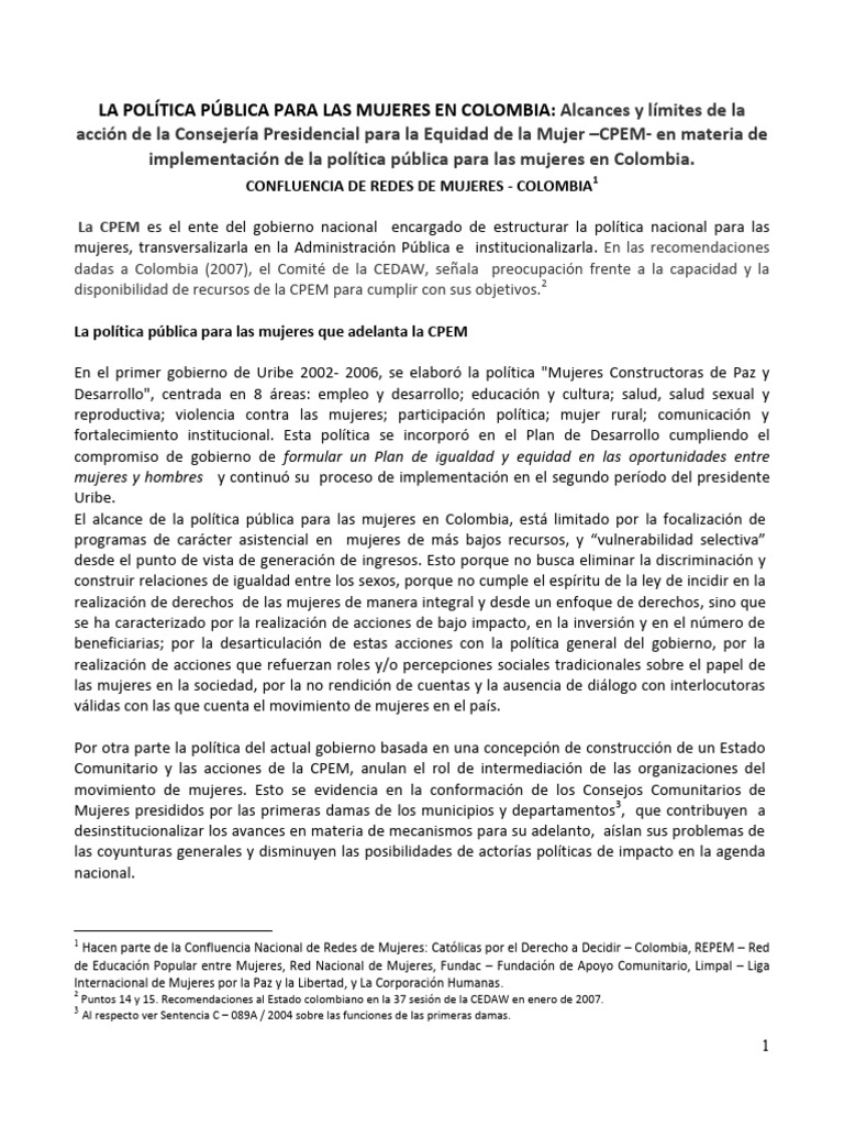 La Política Pública para Las Mujeres en Colombia | PDF | Igualdad de ...