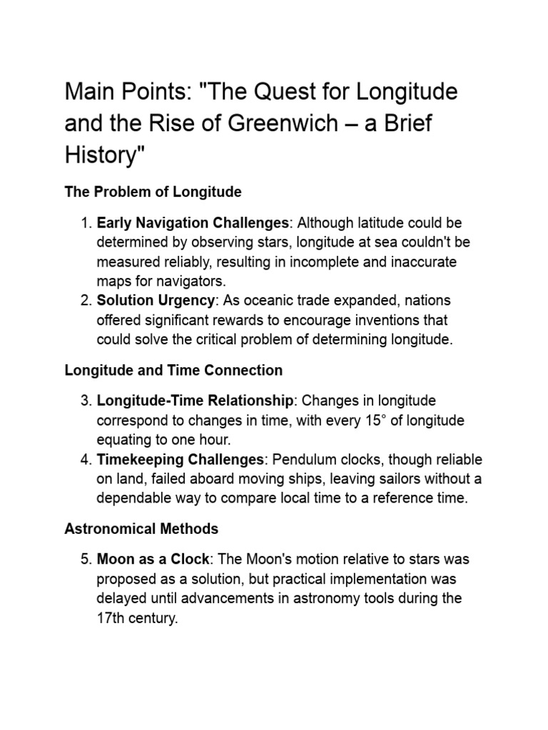 Main points the quest for longitude and the rise of greenwich a