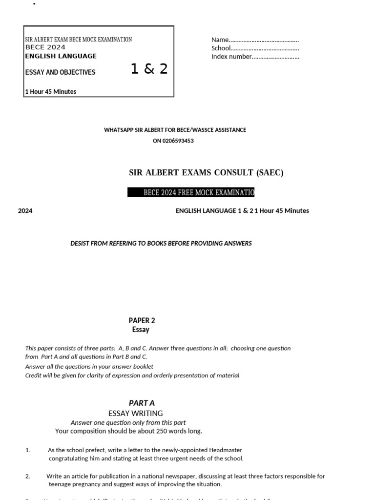 BECE 2024 English Mock Exam Guide | PDF | Cataract | Eye