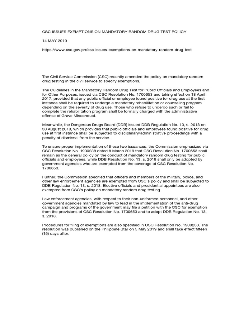 CSC Drug Test Policy Exemptions Explained | PDF