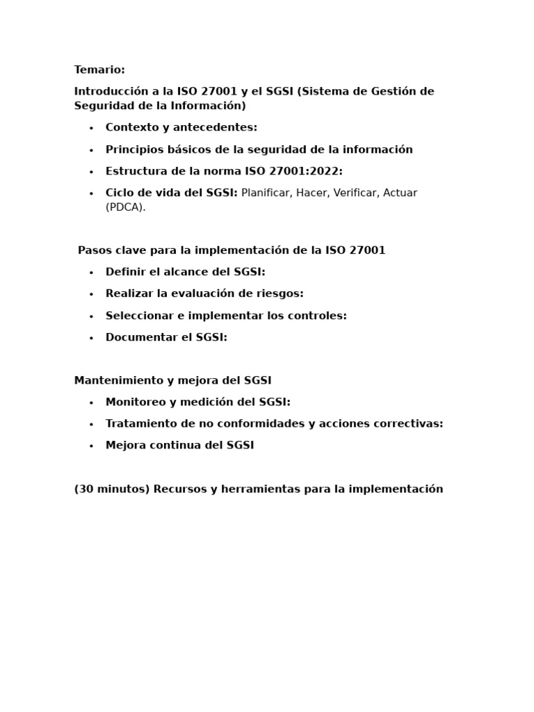Temario Iso 27001 | PDF | Seguridad de información | La seguridad ...
