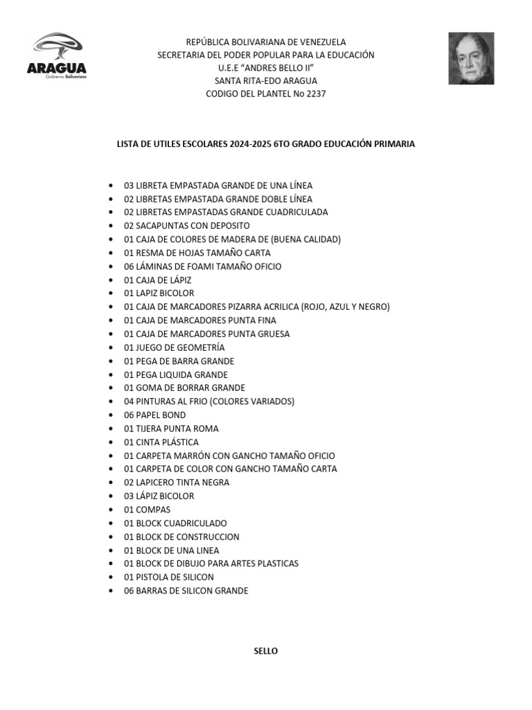 Lista de Utiles Escolares 2024 - 2025 | PDF