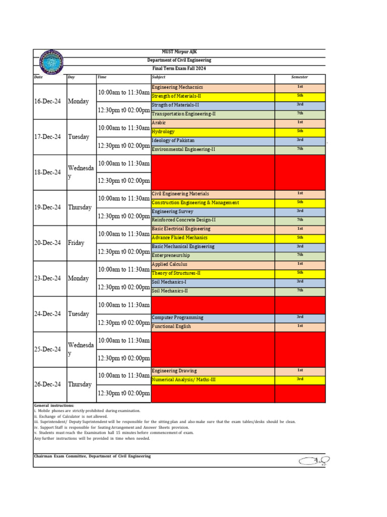 Civil Engineering Final Exam Schedule 2024 | PDF | Civil Engineering ...