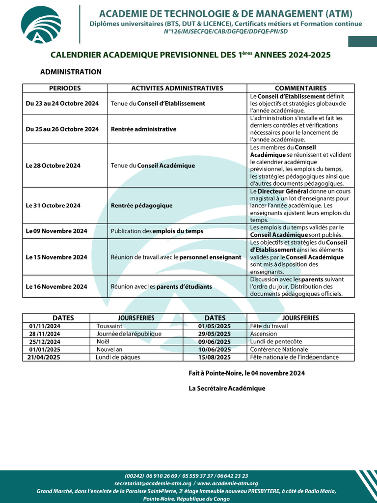 CALENDRIER ACADEMIQUE PREVISIONNEL 1ère ANNEE 202420251 PDF