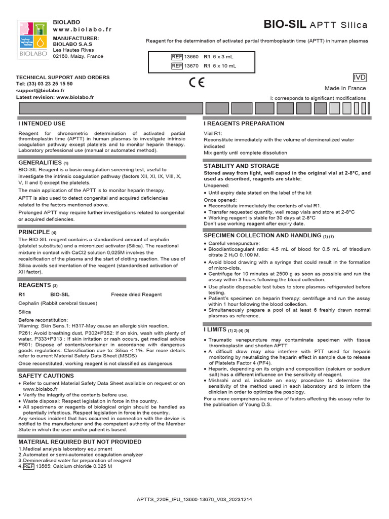 APTT Kit Instructions for Use | PDF | Coagulation | Blood