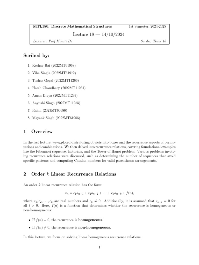 Lecture 18 MTL180 | PDF | Recurrence Relation | Mathematical Concepts