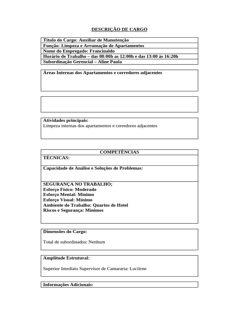 Descrição do Cargo: Auxiliar de Manutenção | PDF