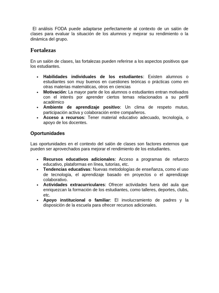 Análisis FODA en el Aula Escolar | PDF | Salón de clases | Aprendizaje