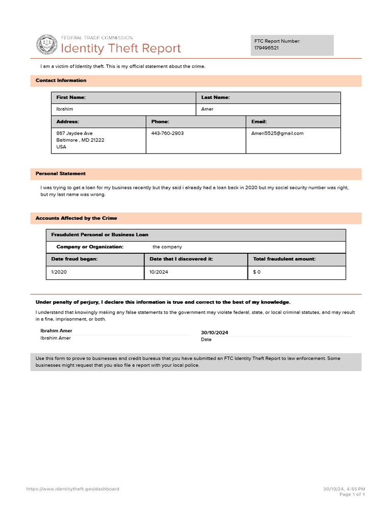 Identity Theft Official Statement | PDF | Fraud | Identity Theft